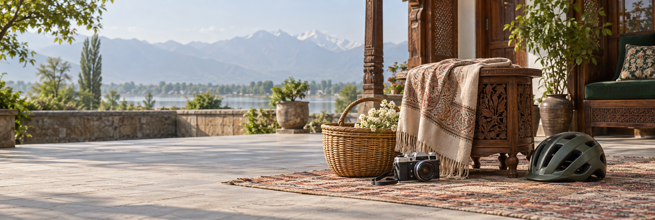 A collection of locally relevant goods in a Kashmiri courtyard